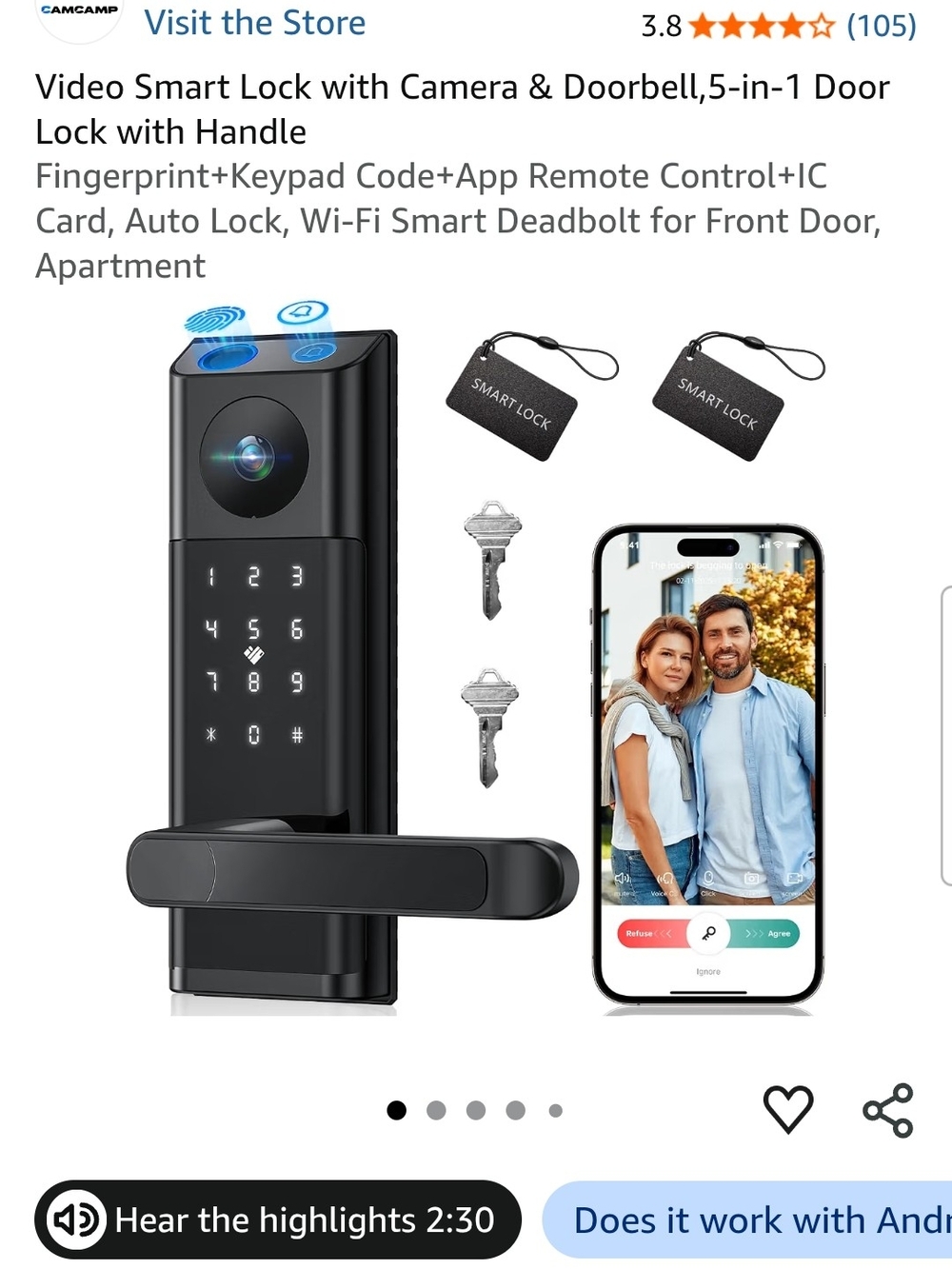GAMGAM Video Smart Lock with Camera & Doorbell, 5-in-1 Door Lock with Handle